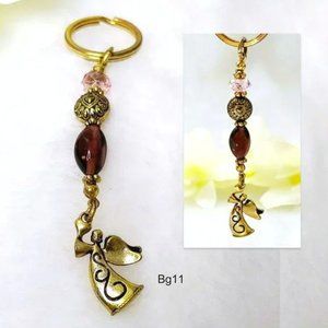 Brass GUARDIAN ANGEL Purple Pink Glass Beads Gold-tone Charm Key Holder Ring